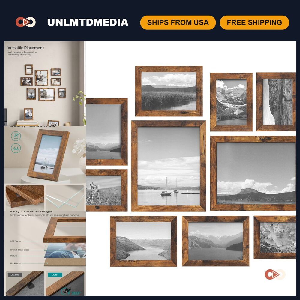 Set of 10 Collage Picture Frames - Glass Wall Decor for Home, Gallery Style
